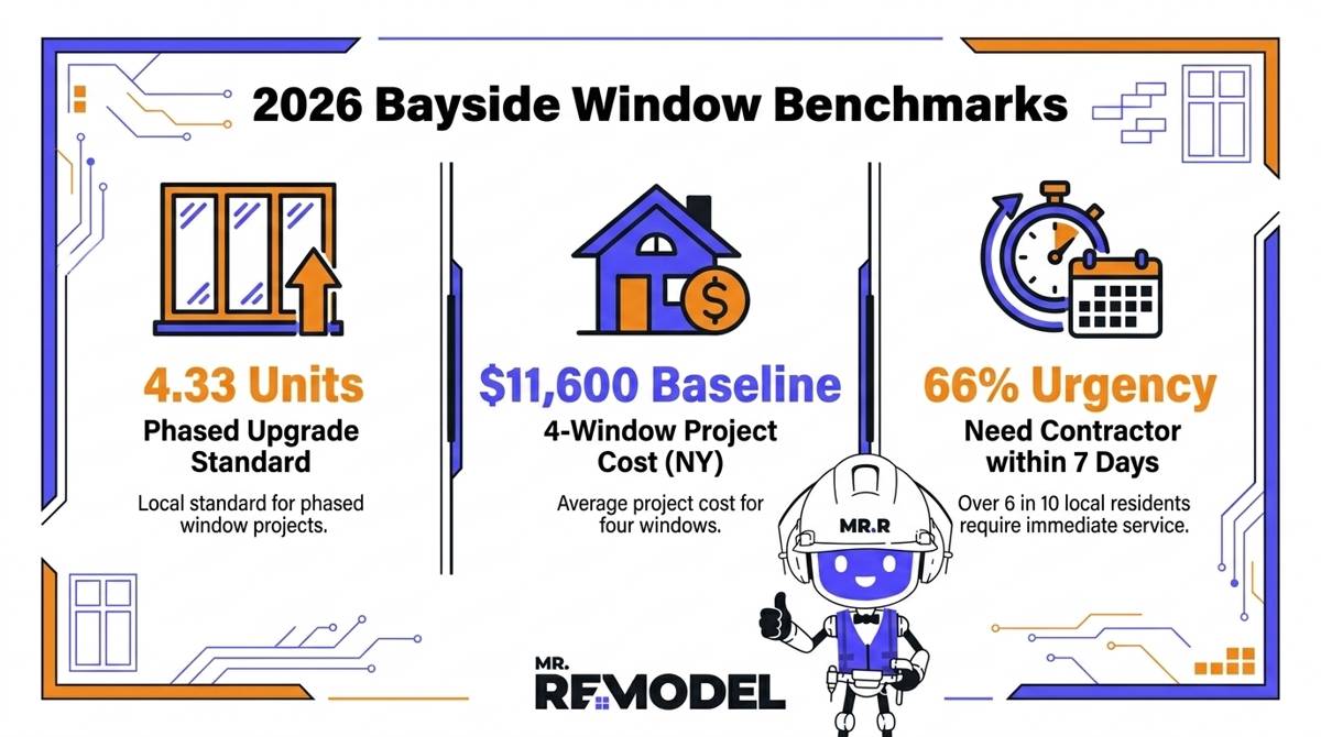 A 2026 Bayside window replacement market infographic showing the $11,600 local price baseline and the 66% emergency rate.